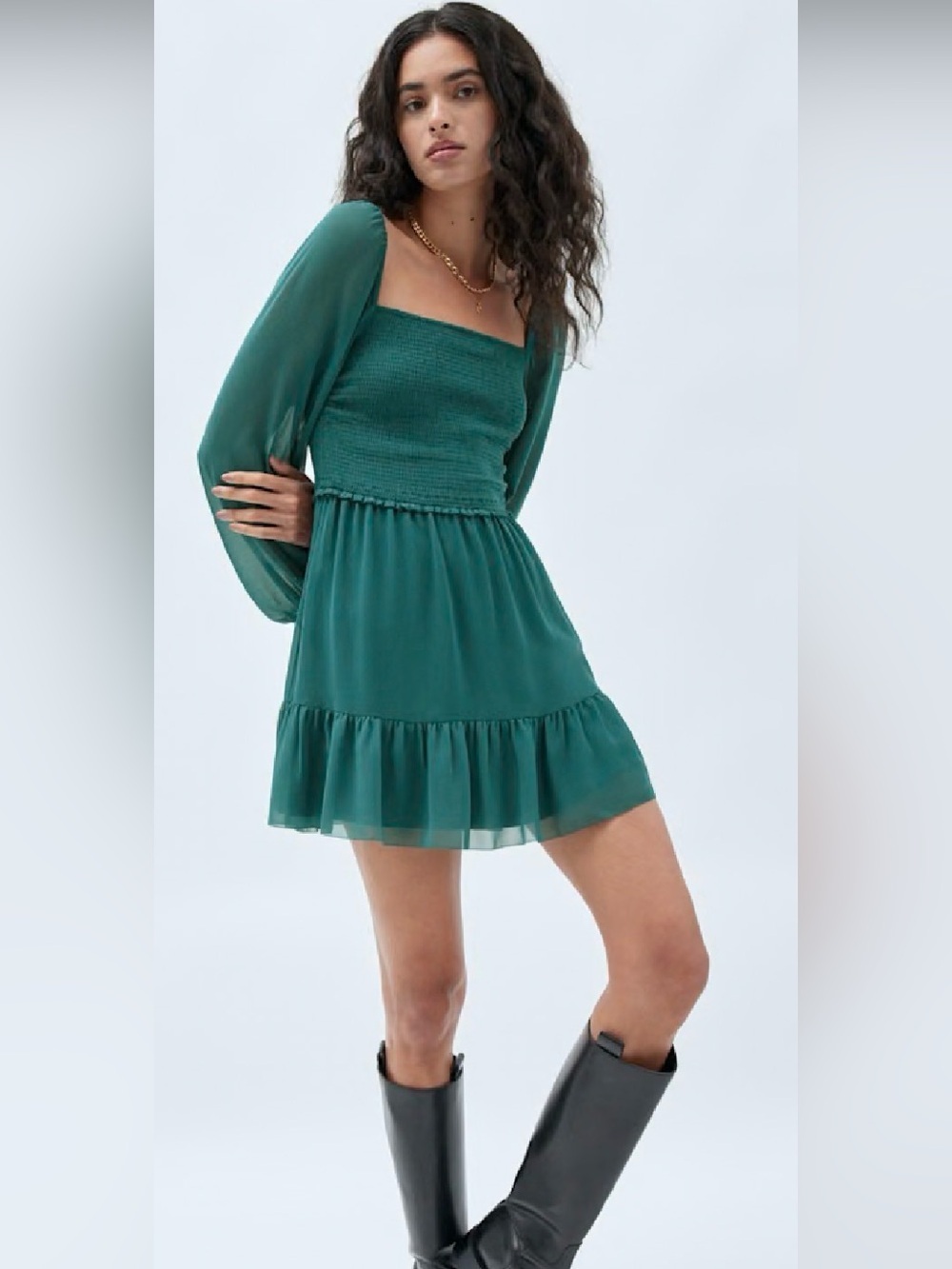Aritzia Tempest Teal Smocked Square-Neck Mini Dress